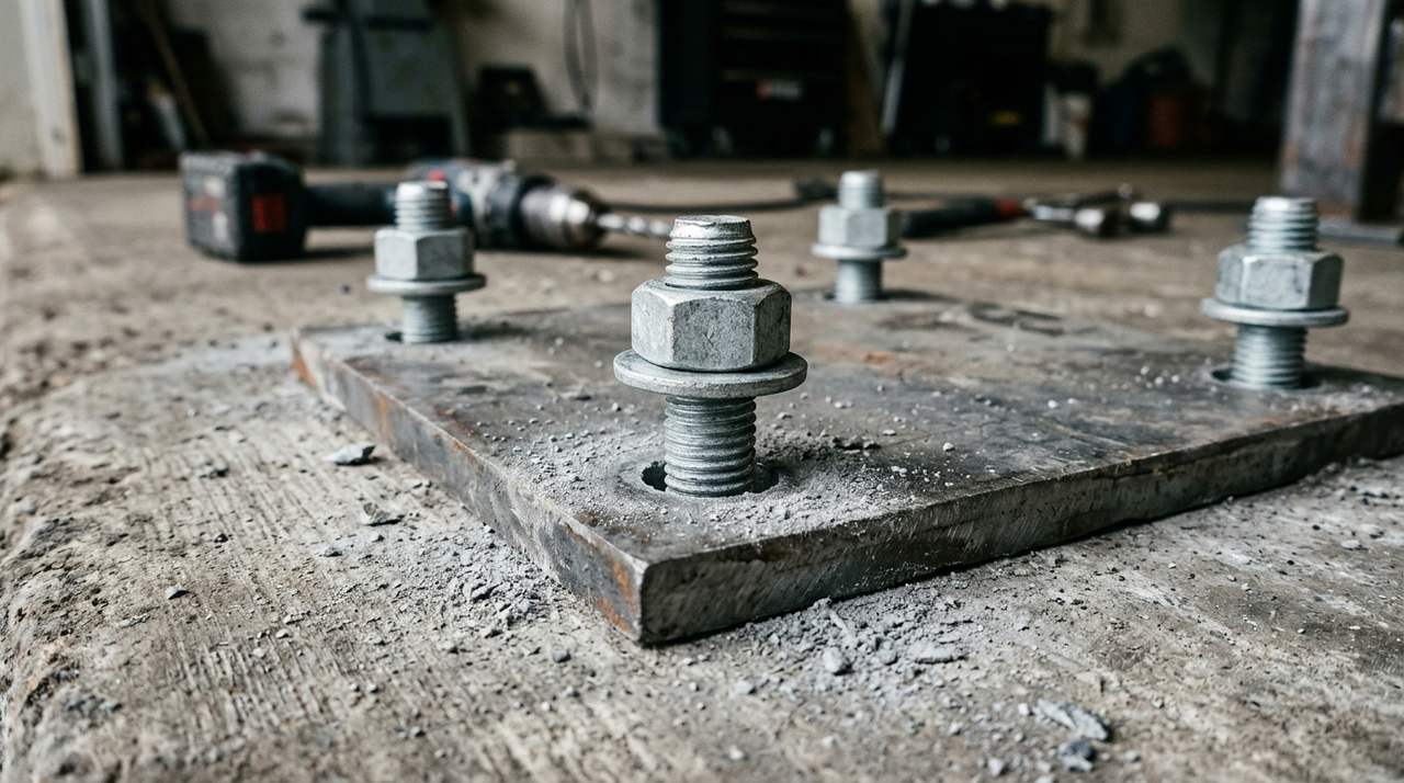 Heavy galvanized wedge anchor bolts set through a thick steel base flange into a concrete slab