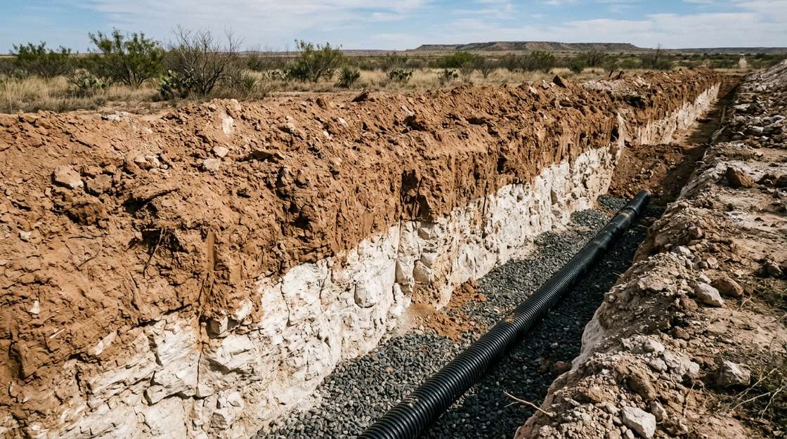 Excavation cut face showing reddish-brown clay over pale white caliche hardpan with drainage gravel and perforated pipe at the base
