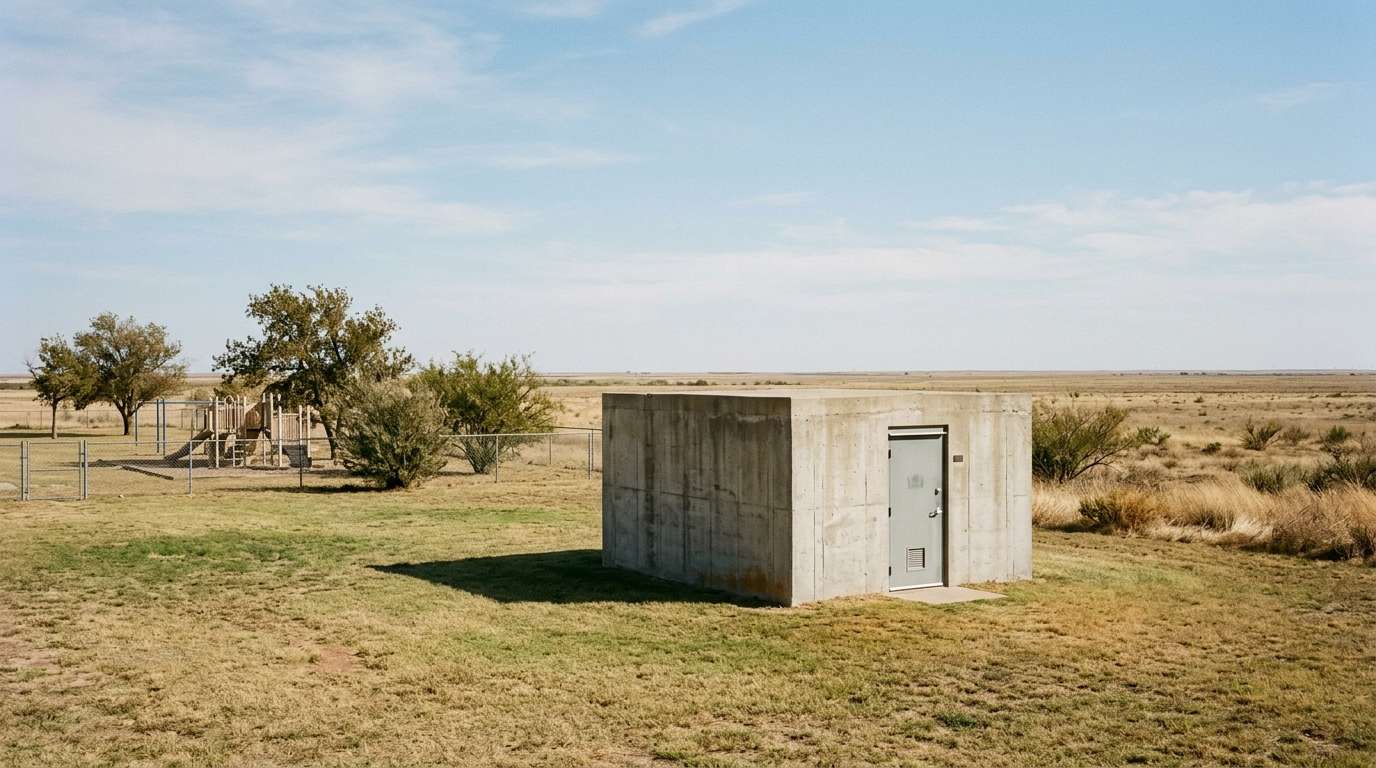 A small plain reinforced-concrete community storm shelter building with a single heavy steel door beside a rural school yard