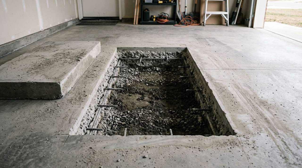 A neat rectangular saw-cut opening in a concrete garage slab showing slab thickness and reinforcing bar