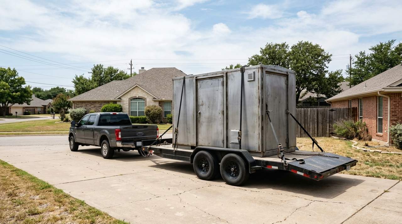 A plain steel storm shelter unit strapped to a flatbed trailer on a residential driveway