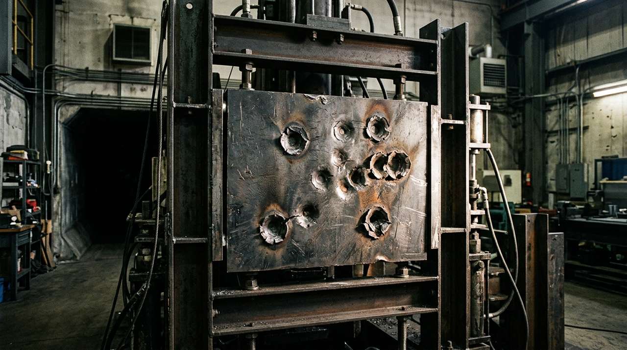 A thick steel test panel in a laboratory frame showing deep circular impact dents from projectile testing
