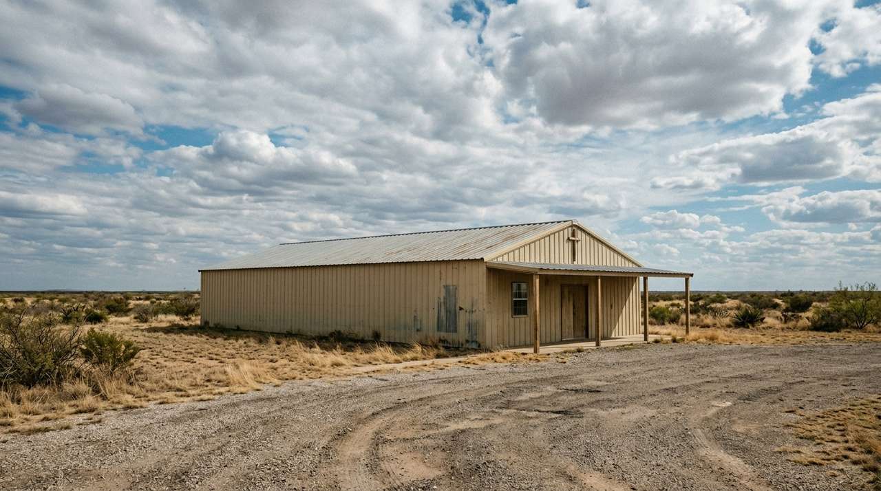 The exterior of a plain metal church building with a broad lightweight roof on flat West Texas land