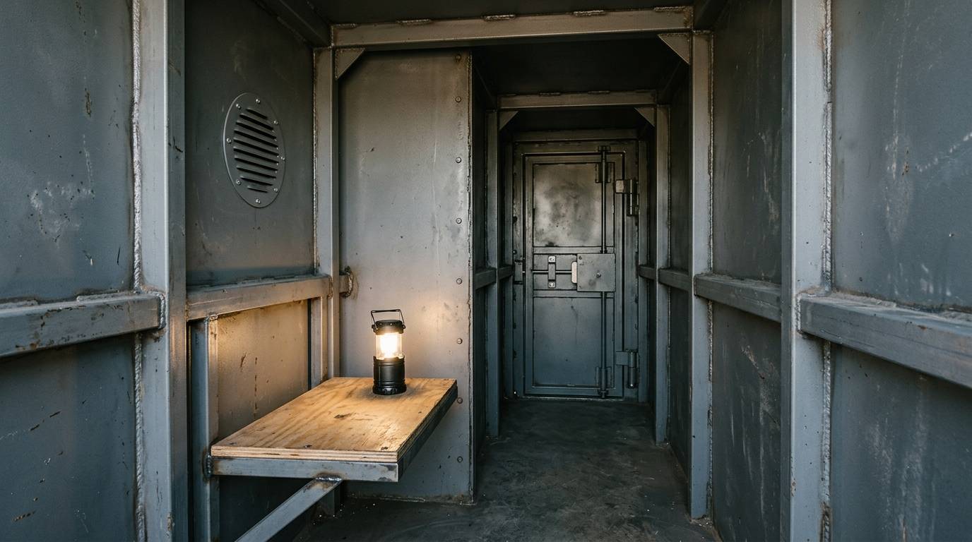 Interior of a steel tornado safe room with welded walls, a bench seat and a ventilation grille