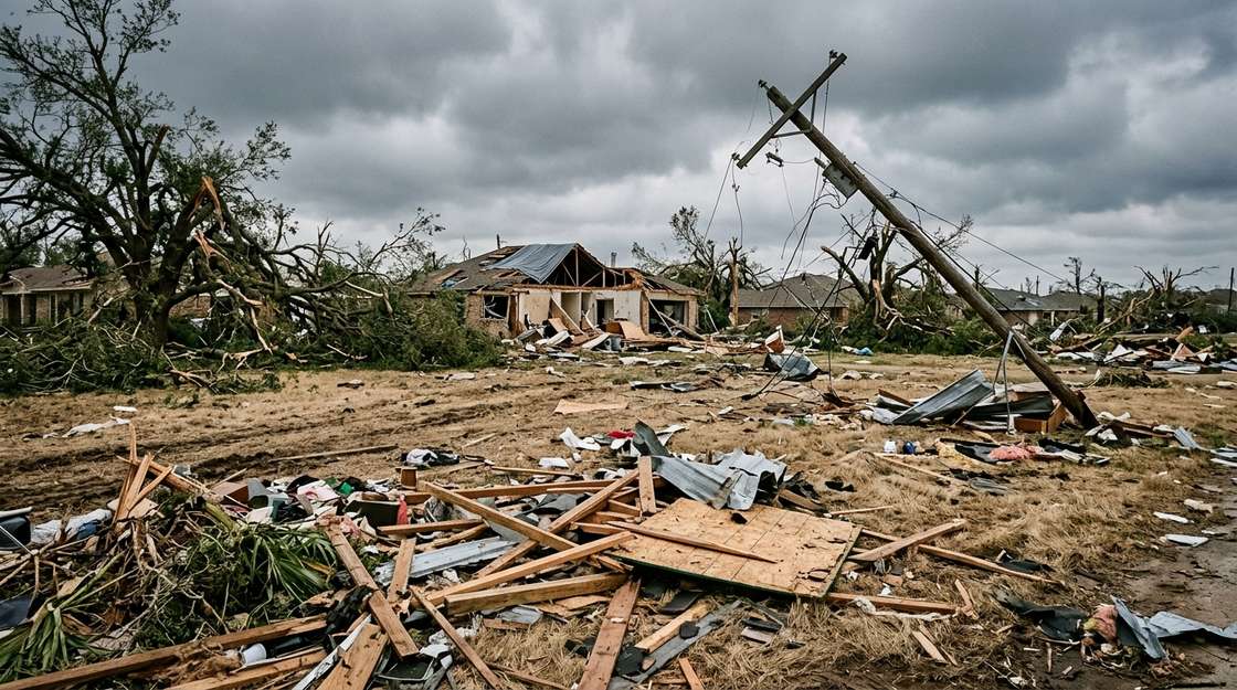 Splintered lumber, sheet metal and broken tree limbs scattered across a dry Texas yard after a tornado