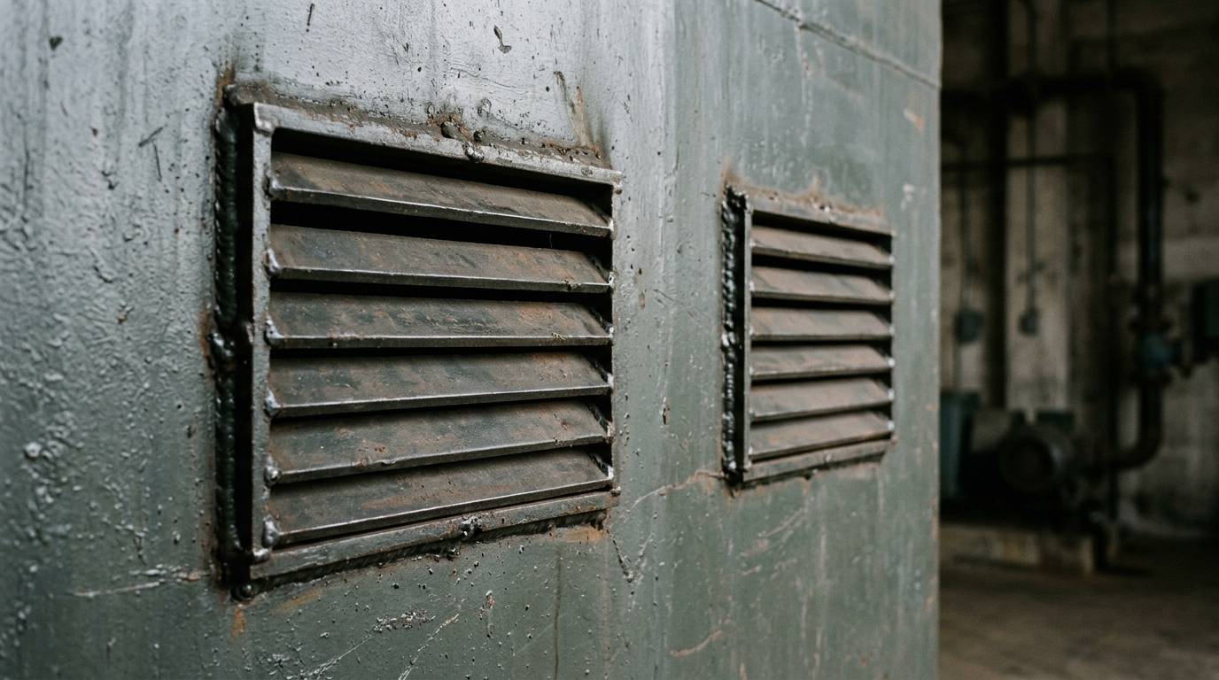 Close-up of heavy-gauge steel ventilation grilles set into a thick painted steel shelter wall